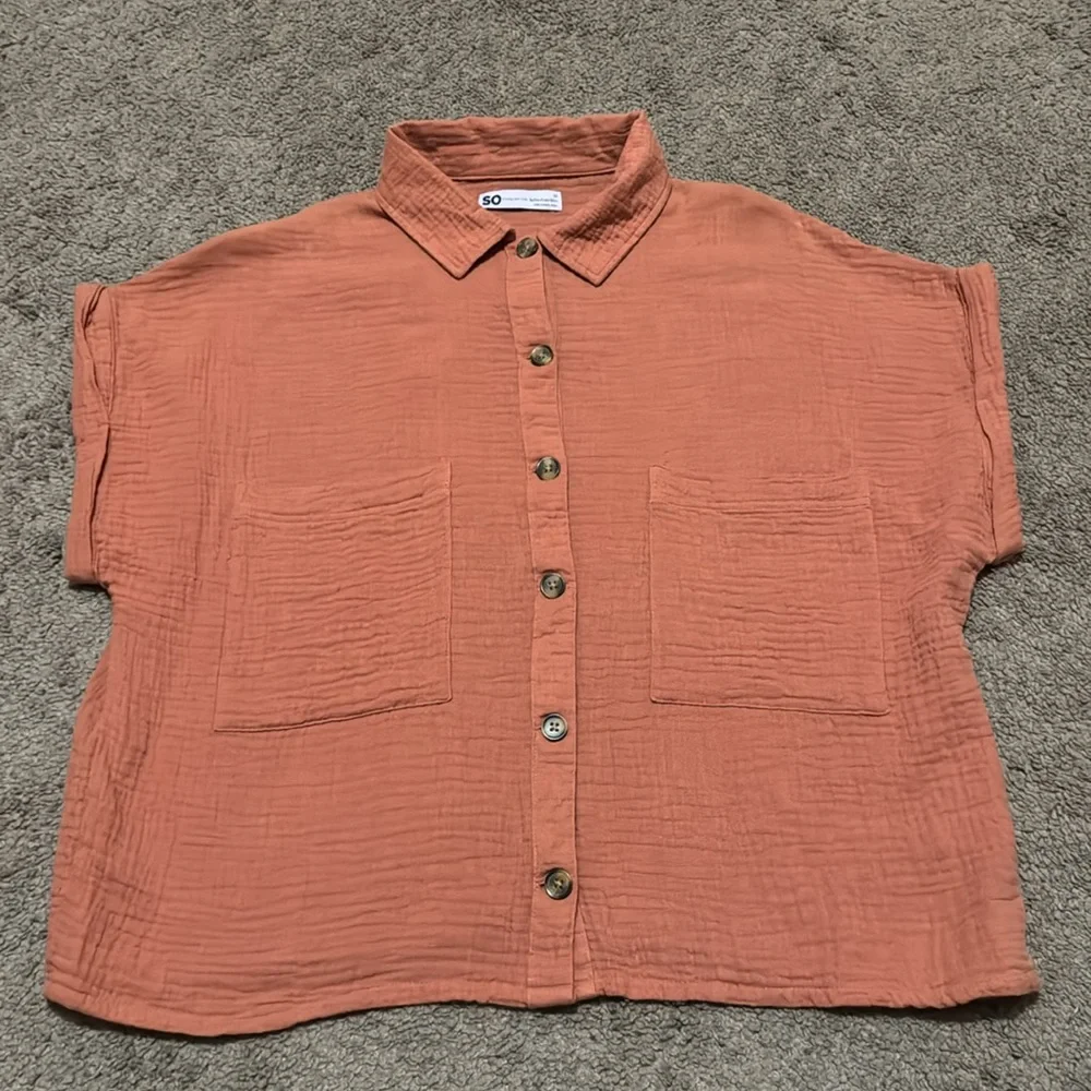 NWT SO brand Cotton Button Front Shirt-Sz M-Relaxed Boxy Fit-Rusty Orange Color - Picture 9 of 14